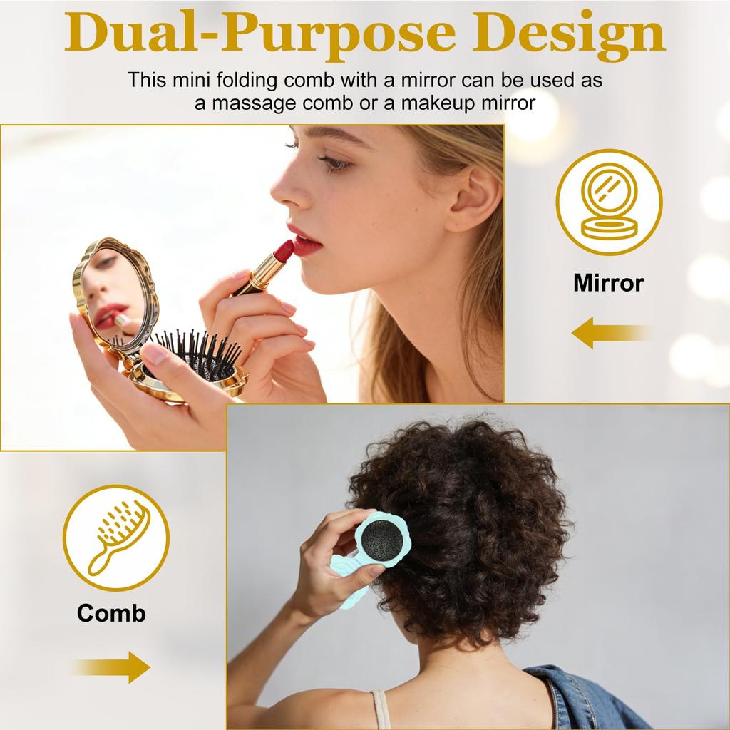 uxcell Travel Hair Brush Set Mini Massage Hair Portable Compact Mirror Folding Hair Comb Perfect for and Everyday Use Silver Color 4-Piece (with