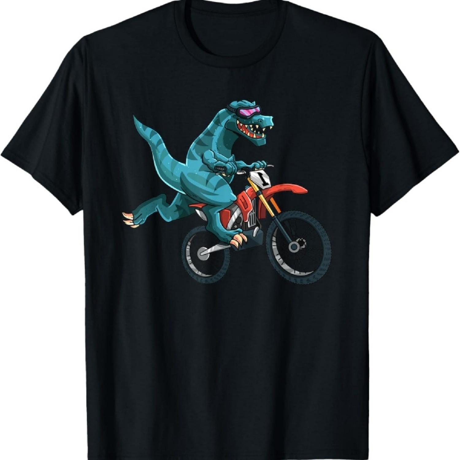 Funny Dino On Dirt Bike T-Rex Lover Rider Motorcycle Riding T-Shirt S