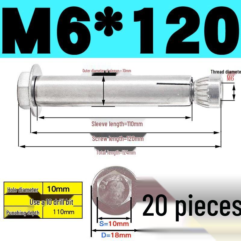 Stainless Steel Expansion Screw: Hexagonal Head with Internal Expansion (304/201), Sizes M6, M8, M10, M12.