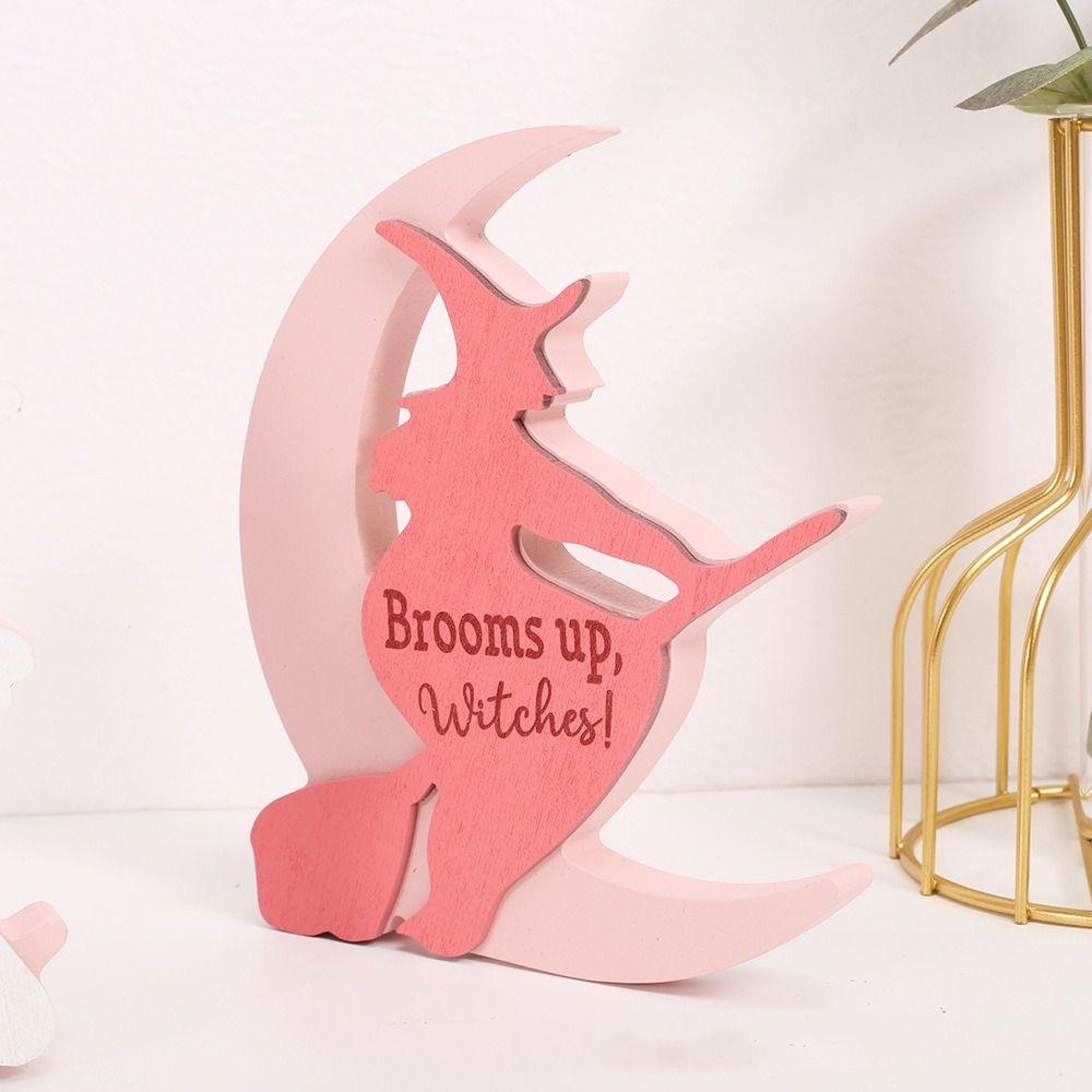 Wooden Moon Witch Decorations Model Handicraft Halloween Witch Ornaments Funny Collectible Moon Black Cat Ornaments