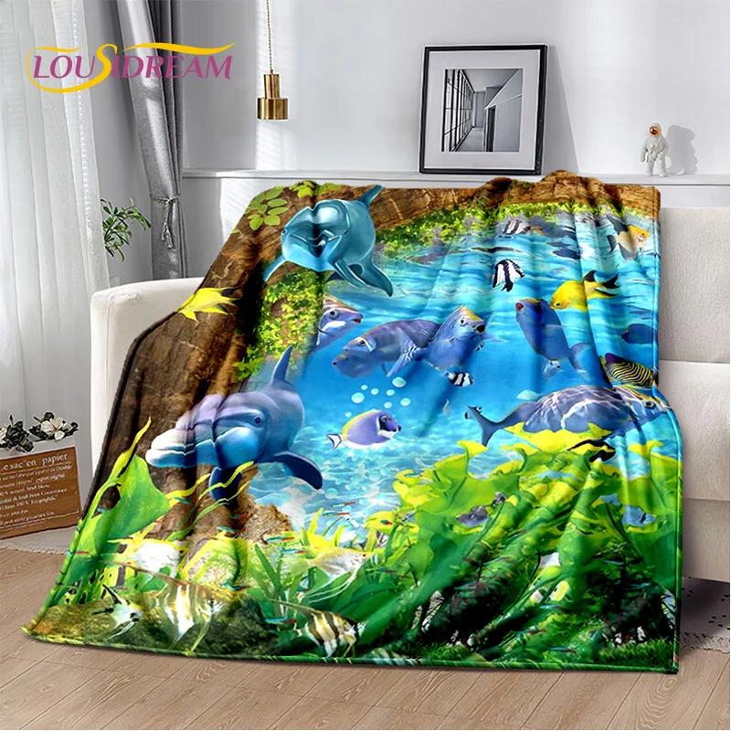 Underwater World 3D Illusion Seabed Cartoon Shark Dolphin Blanket,Soft Throw Blanket for Home Bedroom Bed Sofa Travel Cover Kids