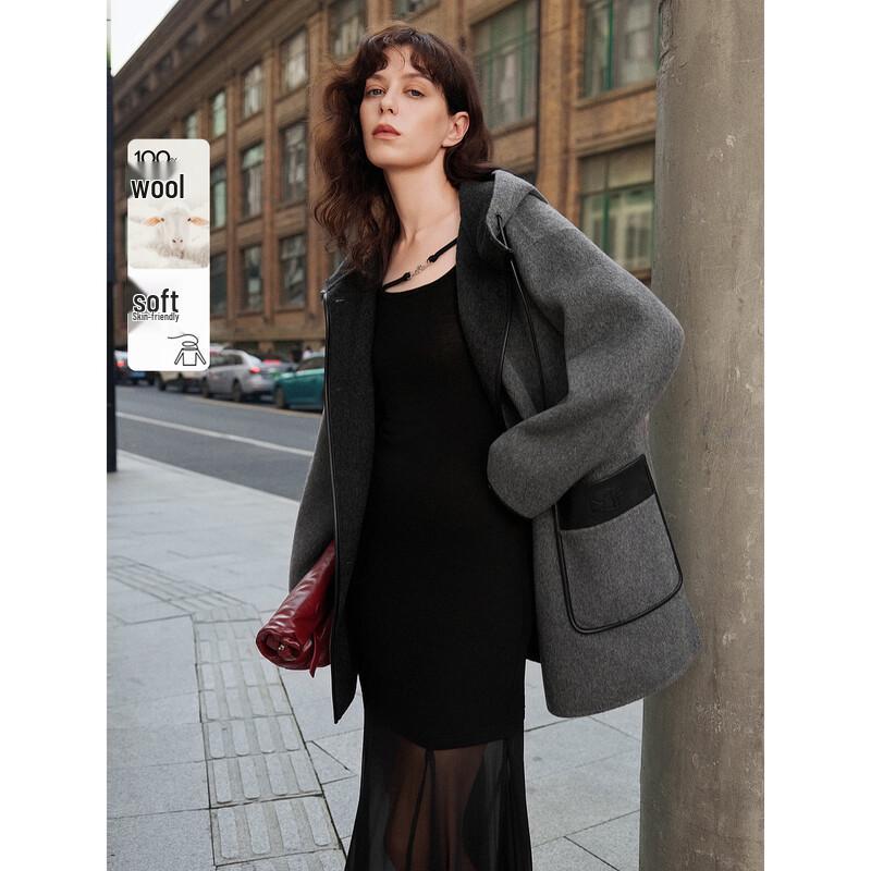 ELLE Women s 100% Lambswool Grey Patchwork Double-Faced Coat S