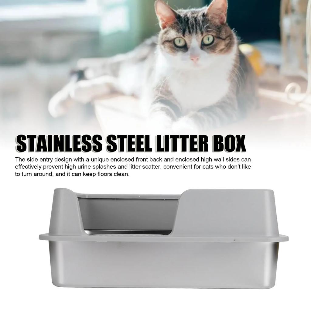 Enclosed High Sides Litter Box Scratch Proof Easy To Clean Secure Structure Stainless Steel Litter Box for Small Medium Cats