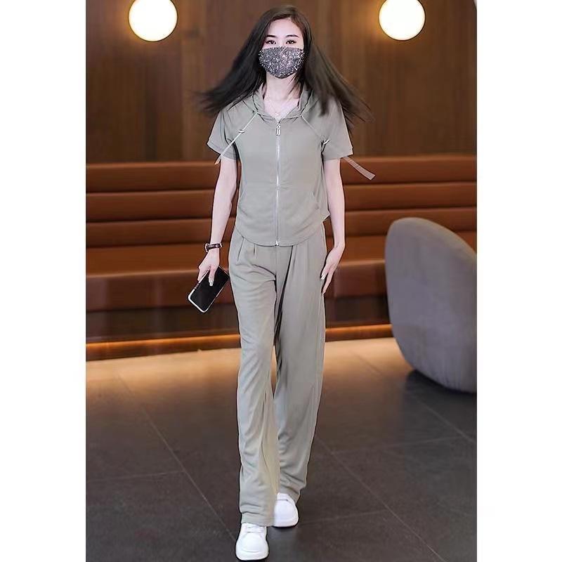 Summer Korean-style Loose Short-sleeved Fashionable Stylish Long Pants Two-piece Set of Cardigan Casual Sports Suit for Women
