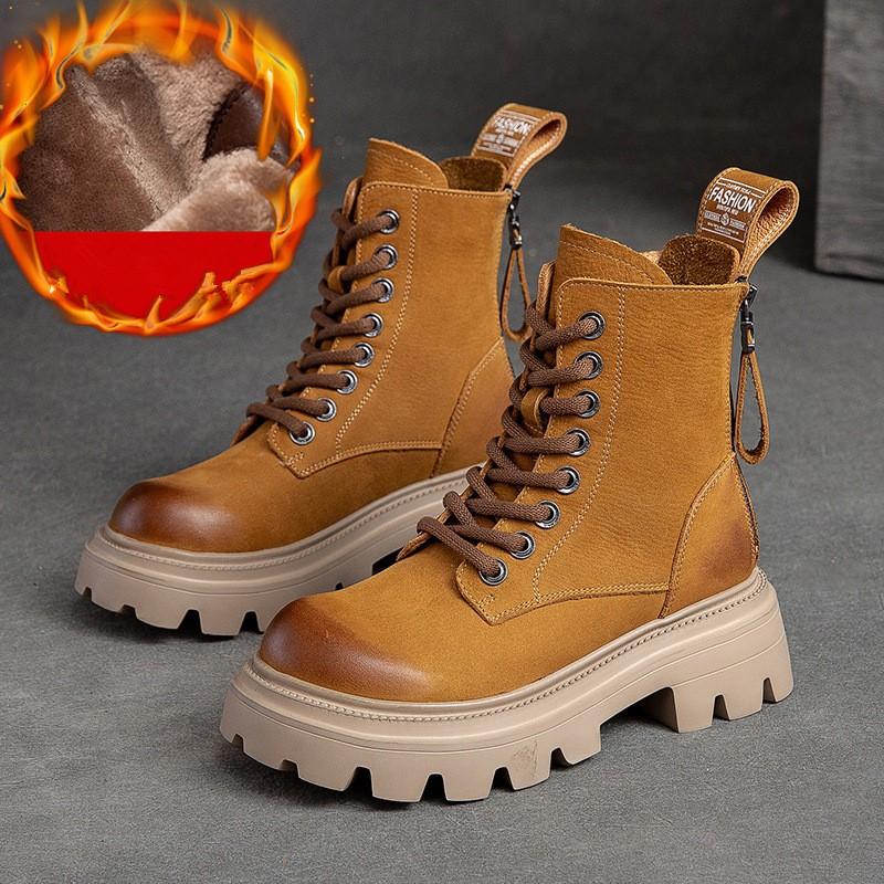 

Johnature Теплые короткие сапоги из плюша с толстой подошвой, натуральная кожа, круглый носок, универсальные женские сапоги 39-Plush жёлтый