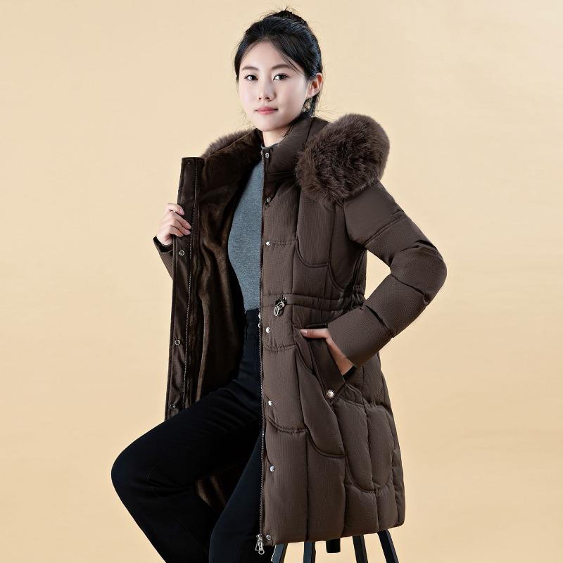 0 waist big fur collar medium and long cotton-padded clothes for women with fleece and thin cotton clothes down jacket