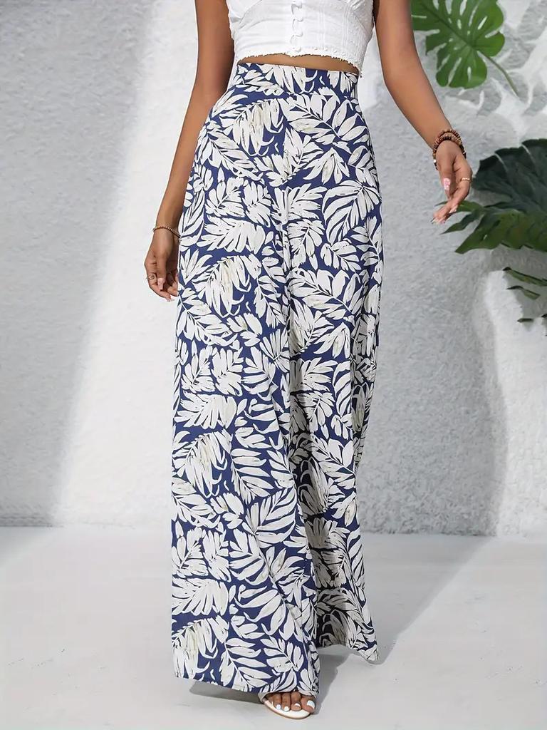 women's High Waist Leaf Printed Casual Wide Leg Pants Vacation Beach Trousers Bottoms