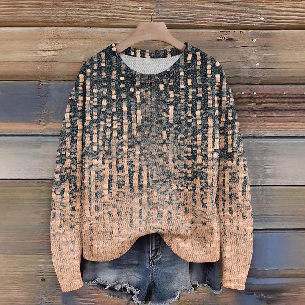 Long Sleeve Pullover Sweaters For Women O Neck Casual Cute Printing Knit Oversized Sweater
