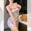 Style Dopamine Wear Spice Girl Hip Wrap Short Skirt Heavy Industry Contrast Color Graffiti Print Waist Slim Sling Dress