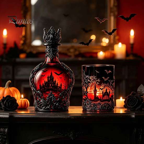 Verdickte Whiskeyflasche 1200ML Halloween Fledermaus Schloss Flasche, 320ML Vintage Gotischer Glas Wein Likör Halter Becher, Dekorative Karaffe Flachmann für