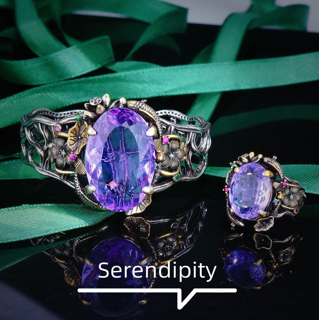 Italian Retro Filigree Double Fish Lotus Jewelry Set: Lotus Leaf Bracelet, Gem Pendant, Earrings, and Ring.