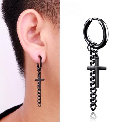 Punk Cross Chain Rock Men Women Hip-hop Black Stainless Steel Tragus Piercing Hoop Street Pop Earring Guys Accessories Jewelry