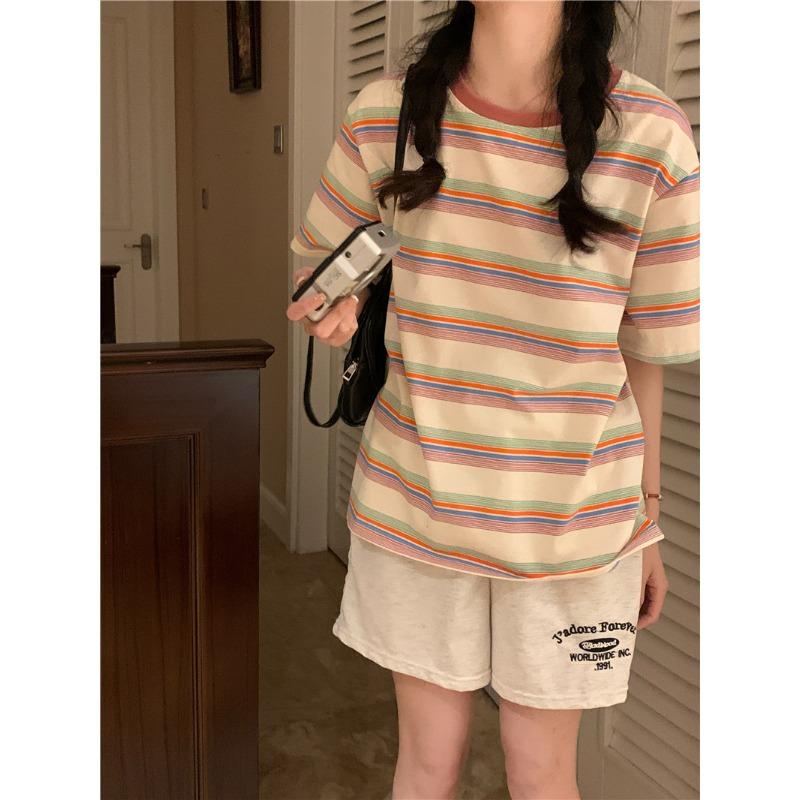 

Футболка в полоску в стиле ретро с круглым вырезом и короткими рукавами, новый женский летний свободный тонкий студенческий топ в корейском стиле XXL
