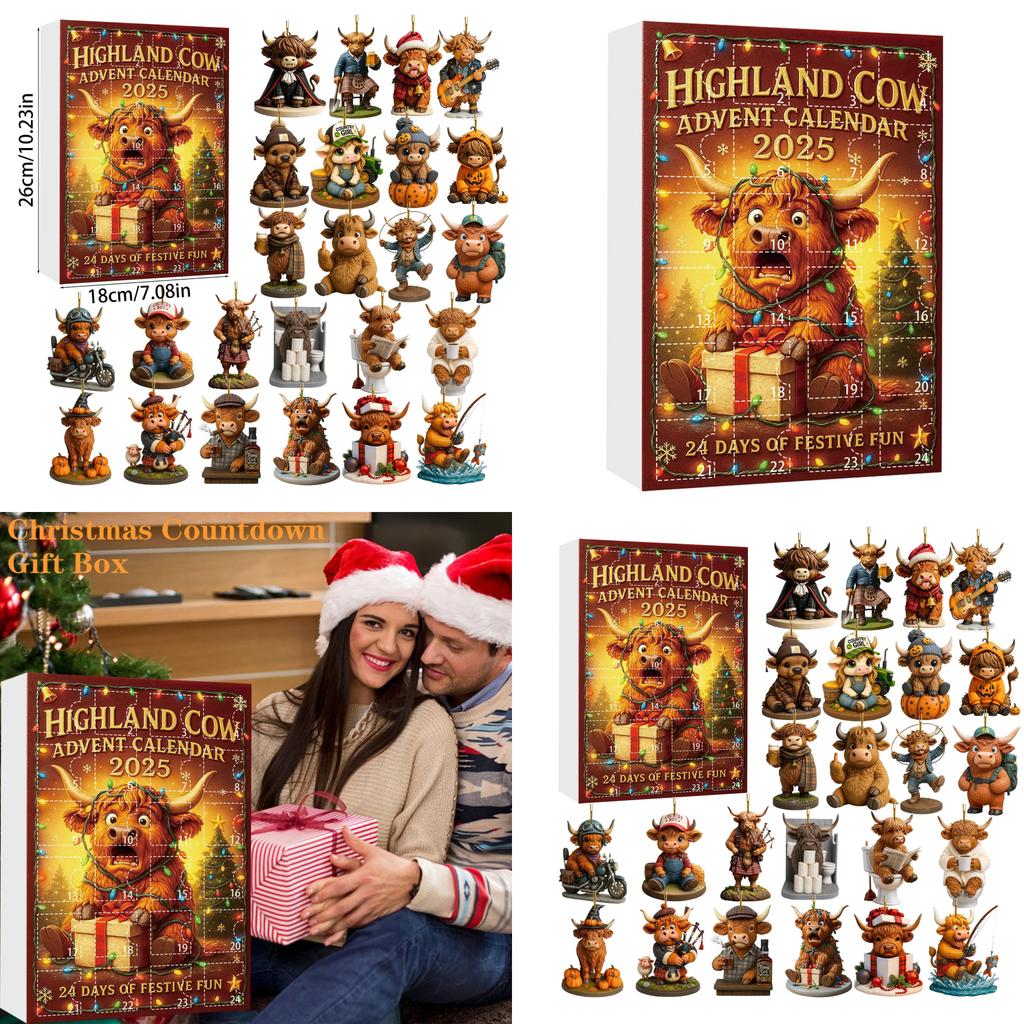 Highland Cattle Christmas Countdown Calendar Acrylic Ornament Set For Festive Decor And Gifts