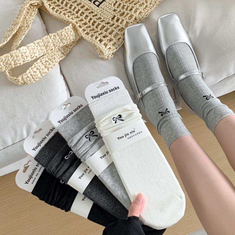 Women's Spring and Summer Ultra Thin Cotton Breathable Mesh Bow In The Tube Pile Socks