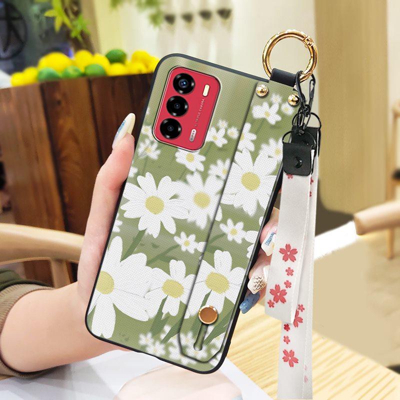 Durable Lanyard Phone Case For ZTE Blade V40 Vita/A72 Ring Anti-dust Fashion Design Silicone Kickstand Waterproof Flower