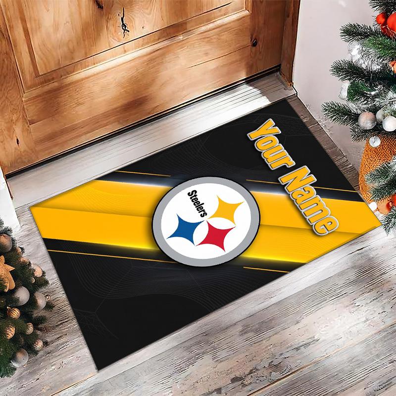 Pittsburgh Steelers Crystal Velvet Rug, Custom Name Text Personalized Non‑Slip Floor Mat for Home Decor Gift