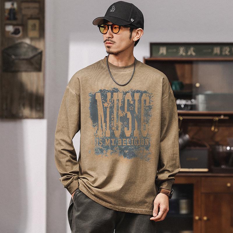 Fat Crew Neck American Vintage Pattern Printed Men's T-Shirt--Lightweight and wrinkle-resistant, versatile commuter long-sleeved sweater