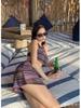 2025 Vintage Korean Striped Backless Tie-Up Swimsuit with Split Skirt for Women