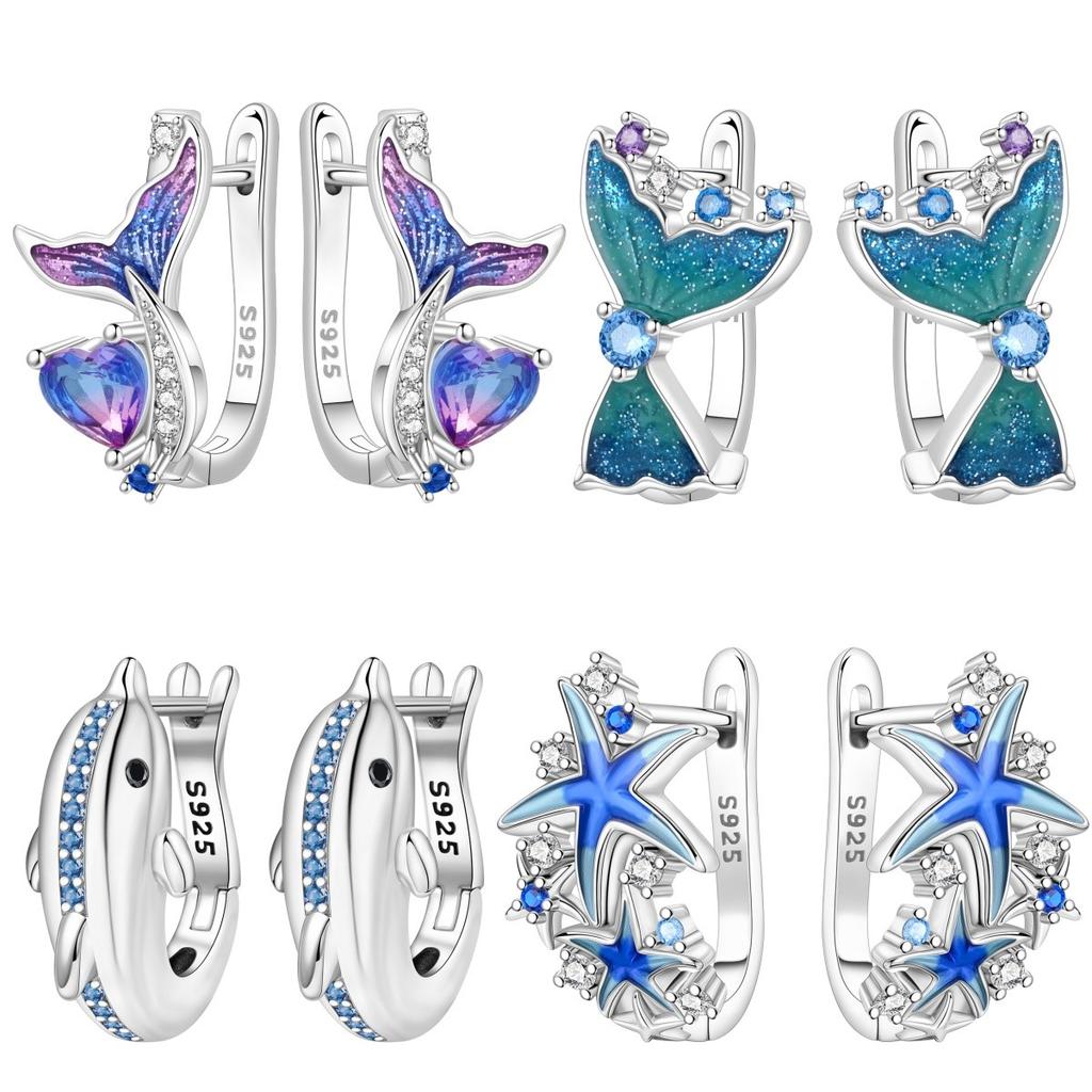Orstarry S925 Silver Earrings Exquisite Marine Life Blue Starfish Dolphin Mermaid Tail Earrings For Women Birthday Gift