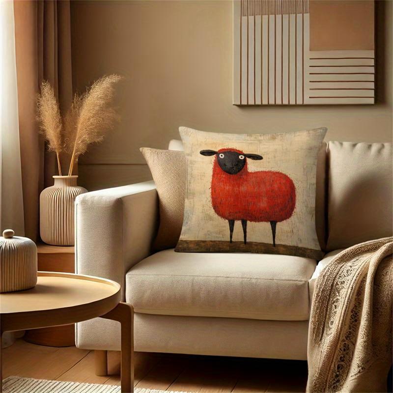 1Pc Vintage Oil Painting Red Sheep Printed Throw Pillow Cover,Suitable For Sofa,Bedroom,Living Room,A Fun Gift For Animal Lovers