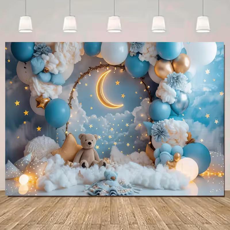 2D Teddy Bear Moon & Star Baby Shower Photography Backdrop