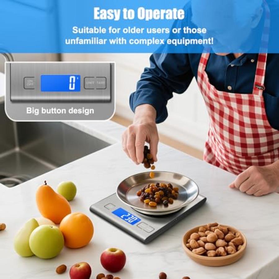 33lb Rechargeable Food Scale 304 Stainless Steel Digital Kitchen Scale with 3 Buttons Weight Grams and Ounces for Baking Cookin