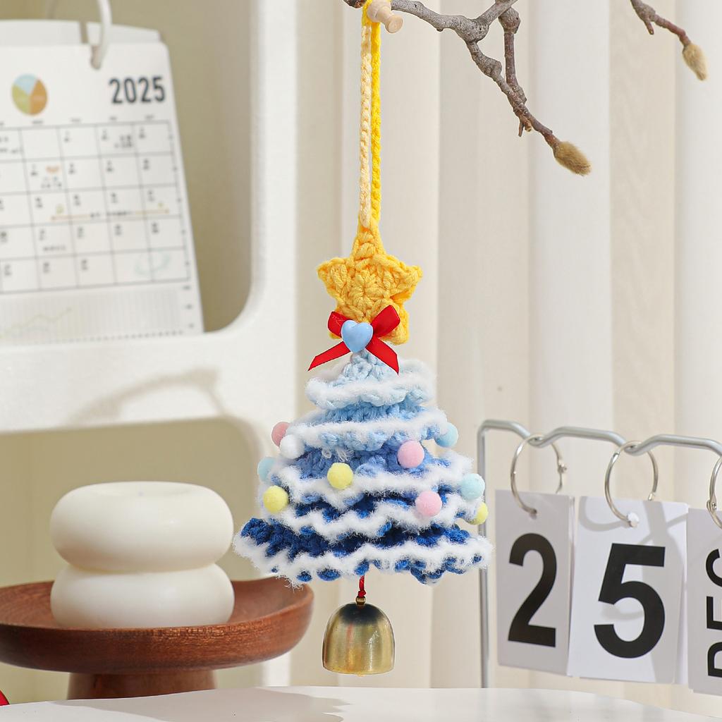 Knitted Christmas Tree with Jingle Bell Plush Christmas Hanging Pendant Wool Crochet Christmas Tree for Christmas Party Decor