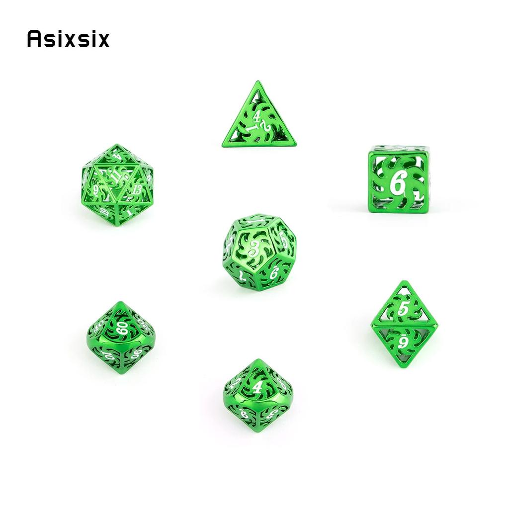 7 Pcs Green White Rotary Windmill Metal Dice Hollow Metal Polyhedral Dice Suitable for Role-Playing RPG Board Game Card Game