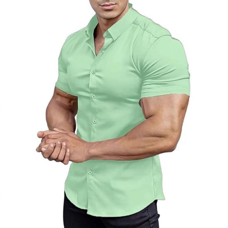 Men Short Sleeve Turn Down Collar Solid Casual Shirt