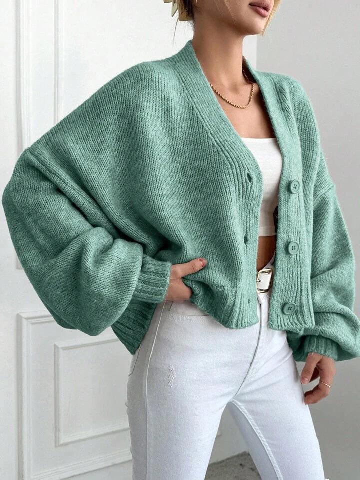 Knitted Cardigan Women's Loose V-neck Lantern Sleeve Sweater
