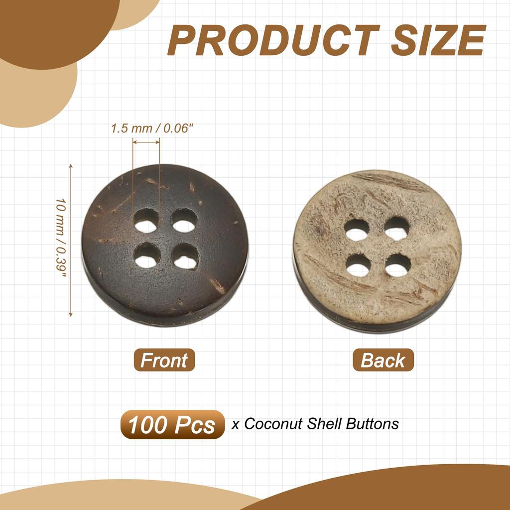 Natural Coconut-shell Four-hole Wooden Buttons, Handmade Sewing and DIY Decoration for Shirts, Brown Color. 100PCS