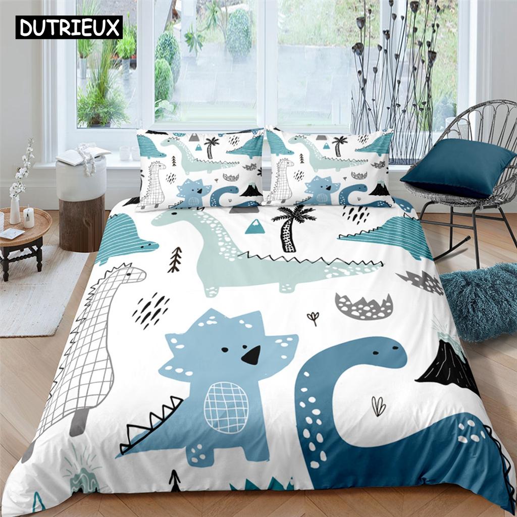Cute Cartoon Dinosaur Print Polyester Bedding Sets Child Kids Covers Boys Bed Linen Set For Teens King Size Bedding Set