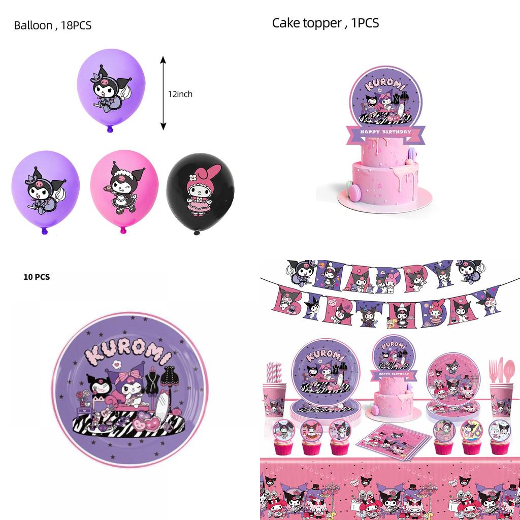 New Kuromi Party Supplies Set With Decorative Balloons And Tableware
