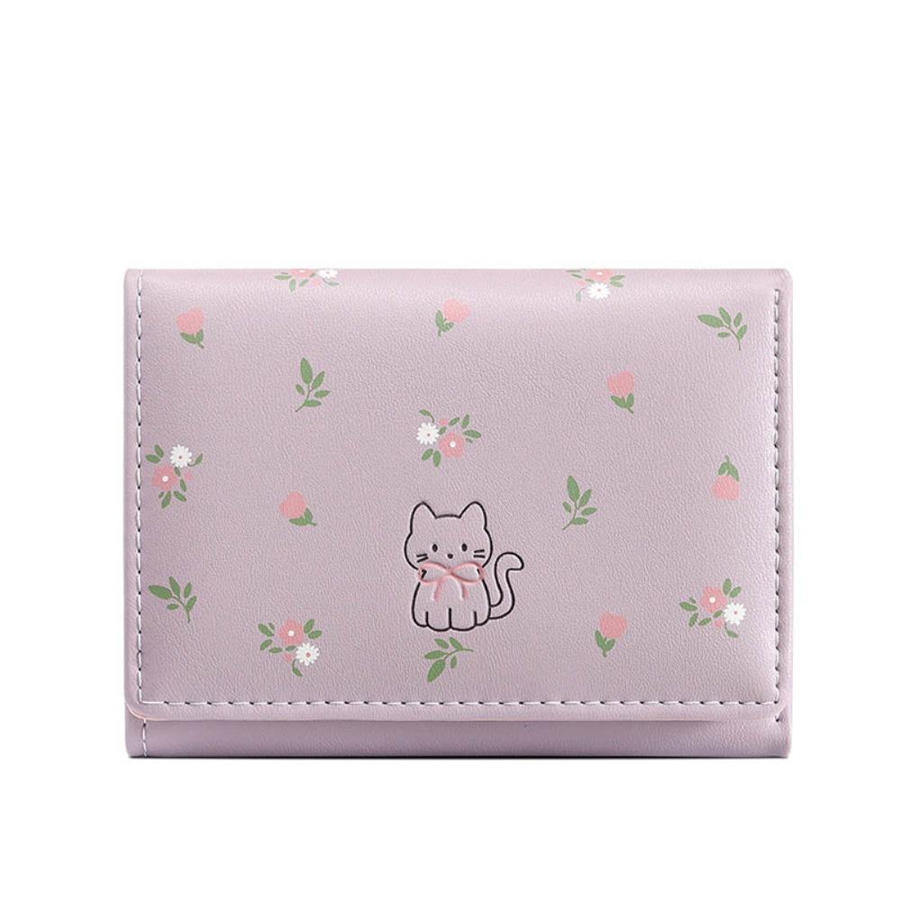 INS Style Cute Cat Short Wallet Flowers Pattern PU Leather Coin Purse Tri-fold Mini Wallet Gifts