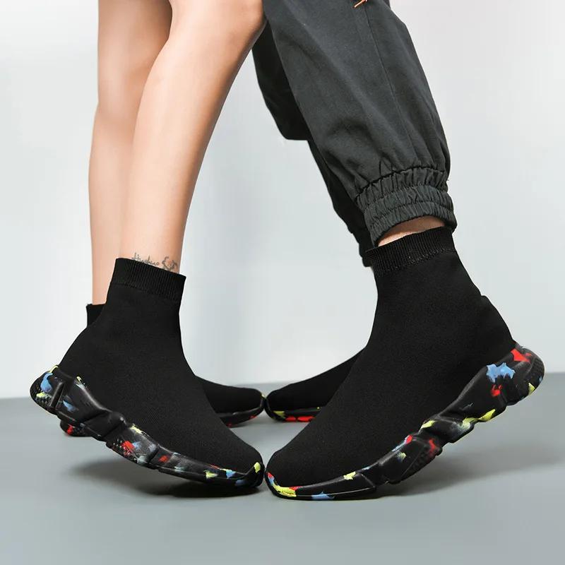 Brand Unisex Socks Shoes Breathable High-top Women Shoes Flats Fashion Sneakers Stretch Fabric Casual Slip-On Ladies Shoes 36-46