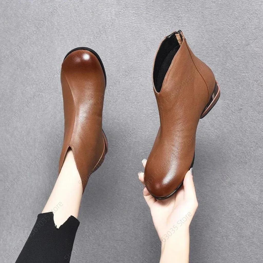 Winter Vintage Braune Lederstiefel Frau Keil Stiefeletten Mode Schleife Retro Schuhe Damen Reißverschluss Plateau Stiefel Weiblich