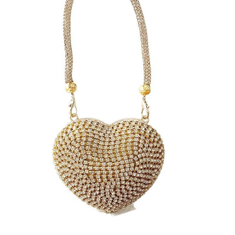 Mini Heart-Shaped Chain Purse With Rhinestone Embellishment - Hard Box Clutch Evening Daily Wear