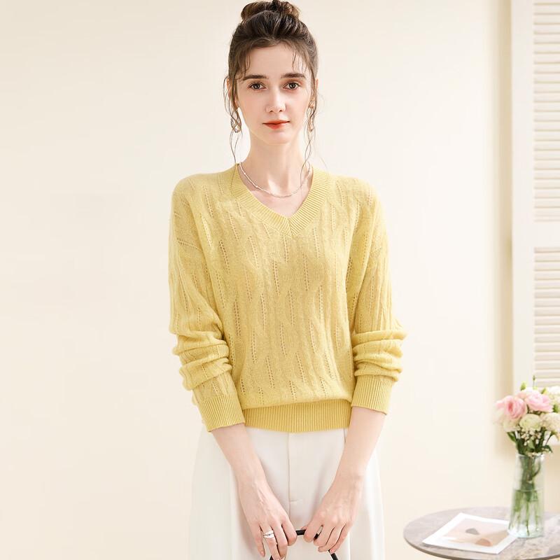 

TUHUANG Women s Cashmere Blend V-Neck Openwork Knit Sweater One Size