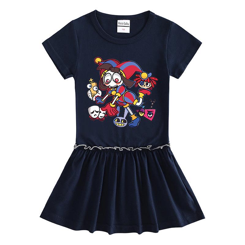 2026 Summer Korean Style Short Sleeve Cartoon Girls' Dress with Pleated Skirt