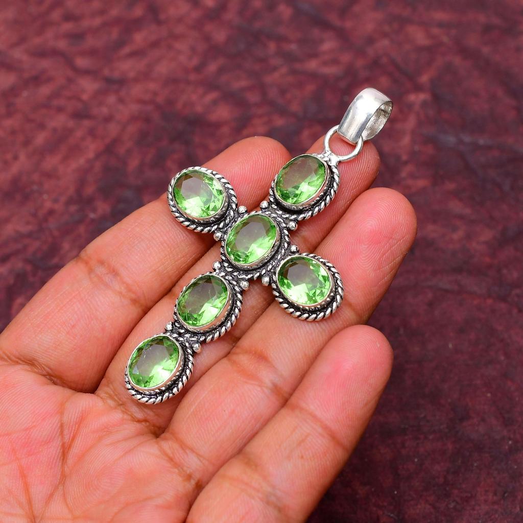 Awesome Green Amethyst Cross Shape Gemstone Pendant: 925 Sterling Silver Handmade Pendant Necklace Jewelry