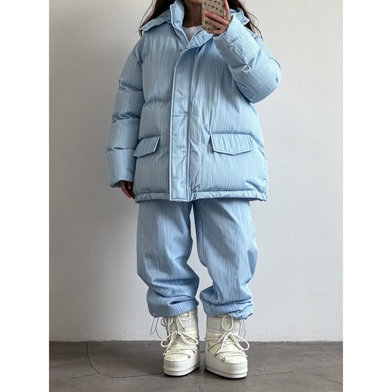 Women Loose Drawstring Striped Warm Thick Hooded Winter Puffer Coat
