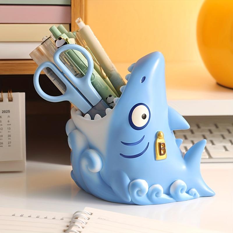 

Cute Shark Shaped Desk Organizer with 2 Drawers,Open Shelf Adorable Resin Pen Holder for Office, School, or Home Decor,Perfect Birthday Gift синий
