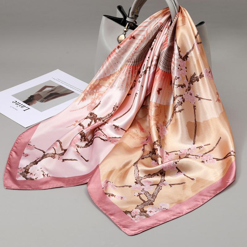 90x90cm Square Shawls Satin Neck Scarf For Women Fashion Print Floral Head Hijab Scarves Female Silk Feel Neckerchief Headband