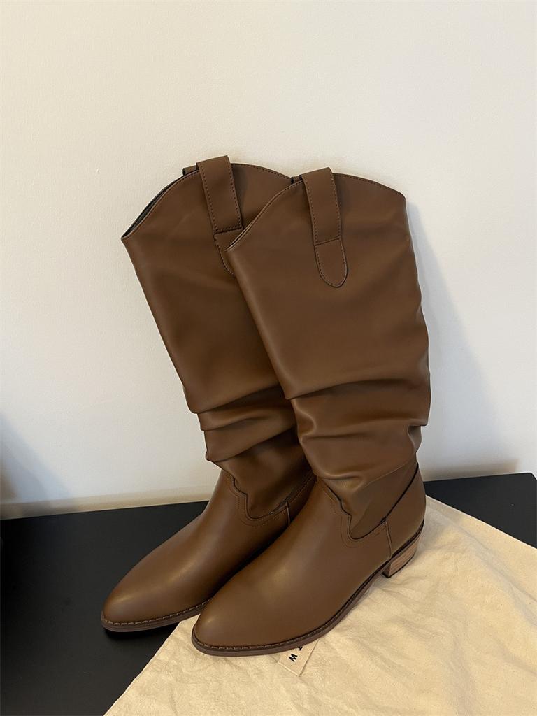 2025 autumn and winter new round head thick heel niche fashion boots Korean version temperament boots but knee