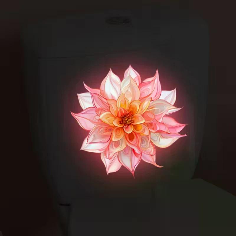Glow-In-The-Dark UV Night Decals Self-Adhesive Removable Wall Art Lotus Dahlia Bicycle Flower Toilet Stickers for Bathroom Decor