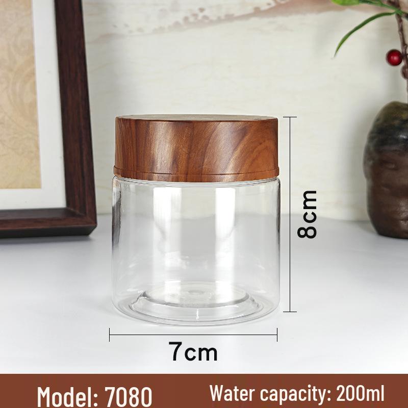 PET Plastic Storage Jar with Imitation Wood Grain Lid, High Transparency, Food Grade for Medicine, Herbs, Tea, Flowers, Grains, and Nuts.