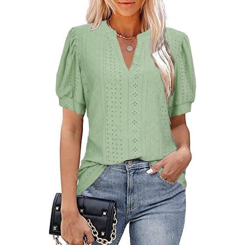 QICED Moda feminina casual cor sólida estampa manga curta blusas e camisas com decote em V