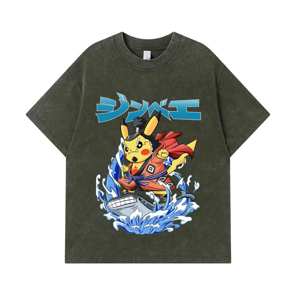 275 GSM Washed T-shirts 100% Cotton Pokemon V11 Jimbei Pikachu Print Unisex Heavy Cotton T Shirt S
