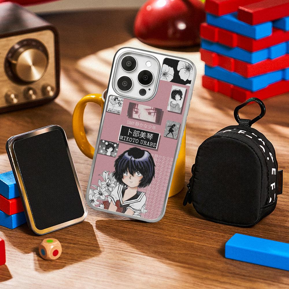 Urabe Mikoto Cute Japan Girl Pattern Phone Case for iPhone 16 15 14 13 12 11 Pro Max Sheepskin Silver-edged Protective Case